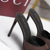 GUCCI 26S HEELED SANDALS 105 MM IN DARK BROWN CANVAS
