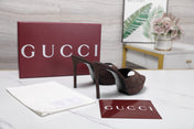 GUCCI 26S HEELED SANDALS 105 MM IN DARK BROWN CANVAS