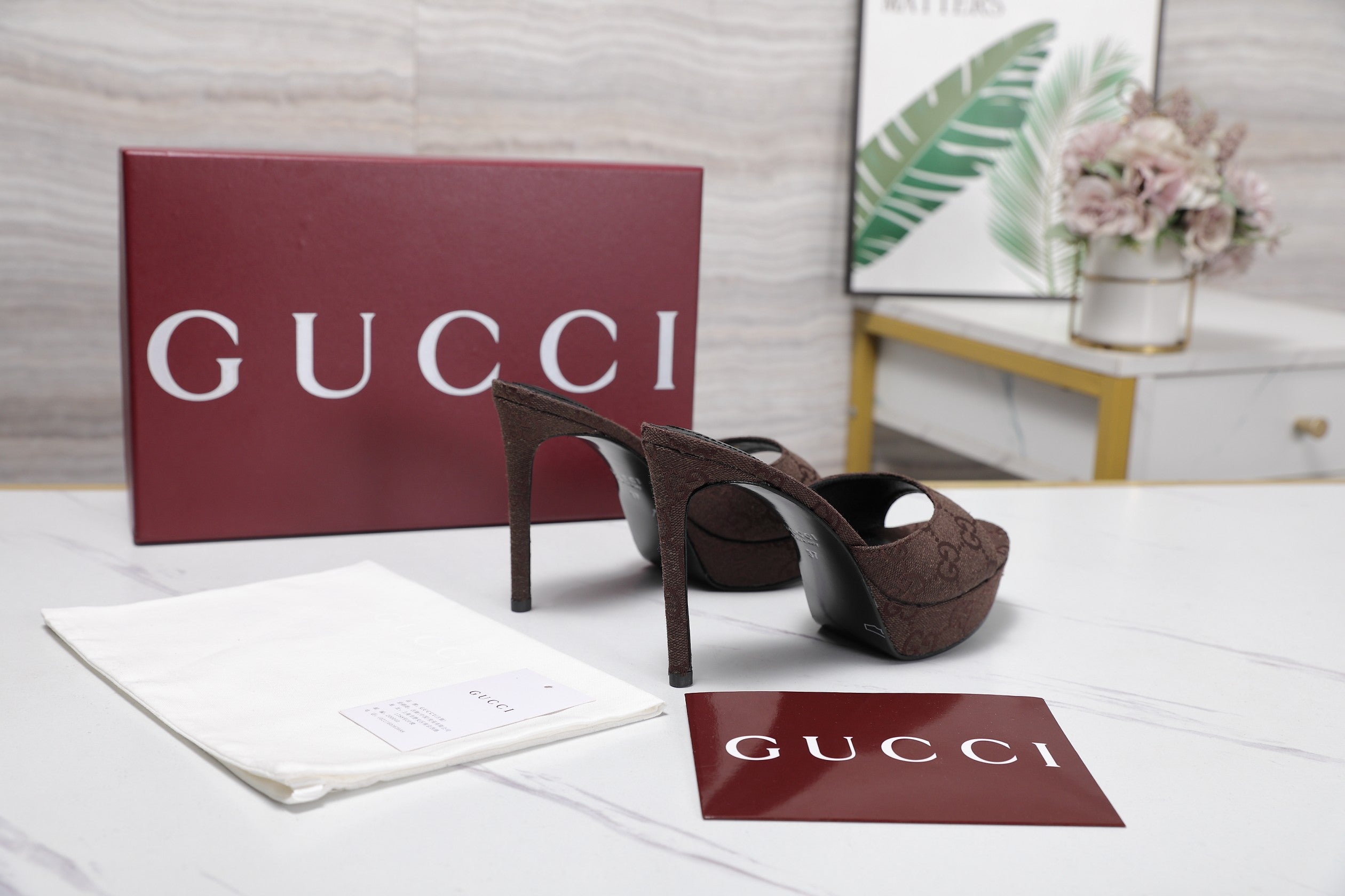 GUCCI 26S HEELED SANDALS 105 MM IN DARK BROWN CANVAS