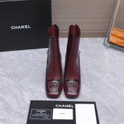 CHANEL 26S ANKLE BOOTS 80 MM IN BURGUNDY CALFSKIN WITH BLACK PATENT LEATHER TRIM AND CC LOGO ON TOE CAP