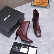 CHANEL 26S ANKLE BOOTS 80 MM IN BURGUNDY CALFSKIN WITH BLACK PATENT LEATHER TRIM AND CC LOGO ON TOE CAP