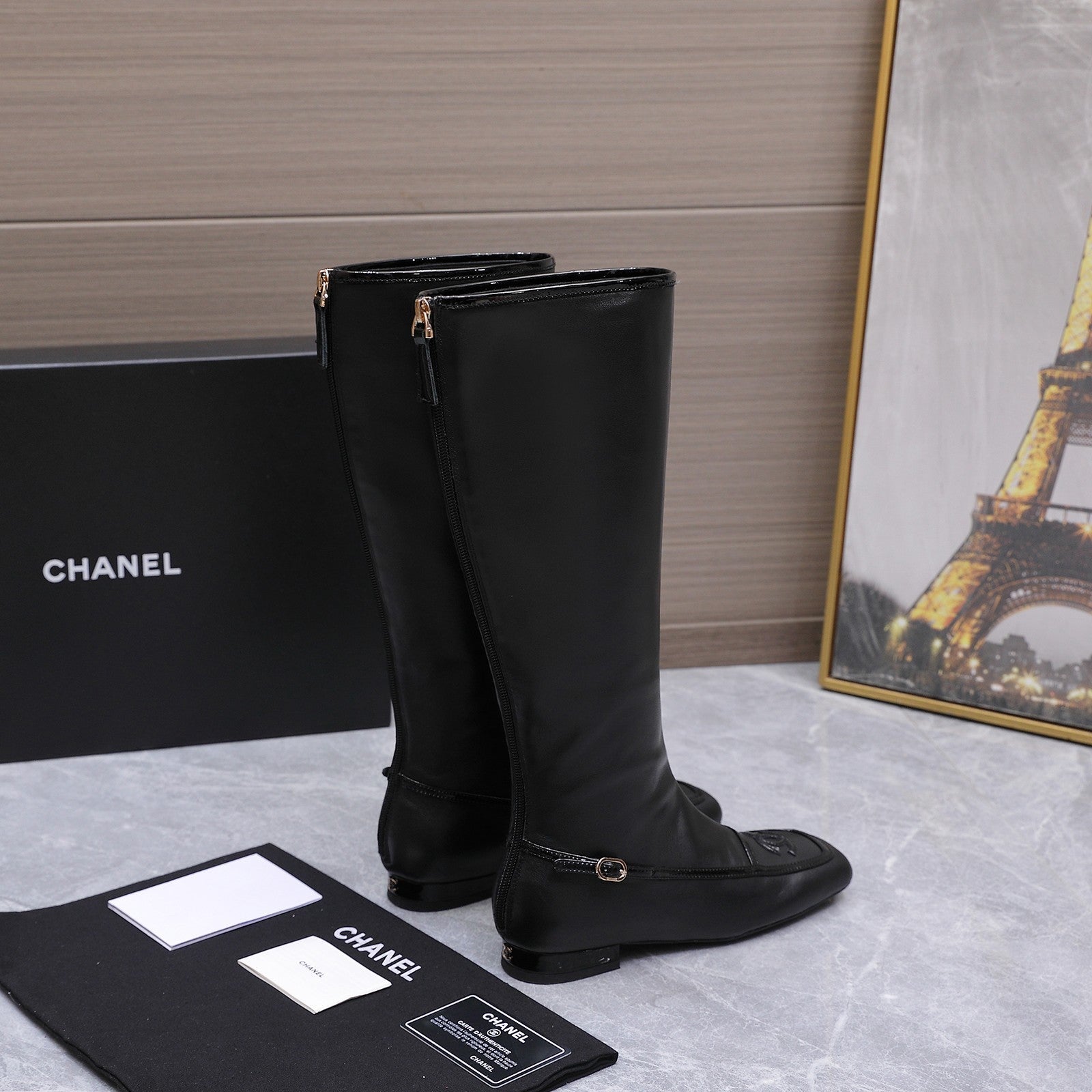 CHANEL 26S KNEE HIGH BOOTS IN BLACK CALFSKIN WITH PATENT LEATHER TRIM AND CC LOGO ON TOE CAP