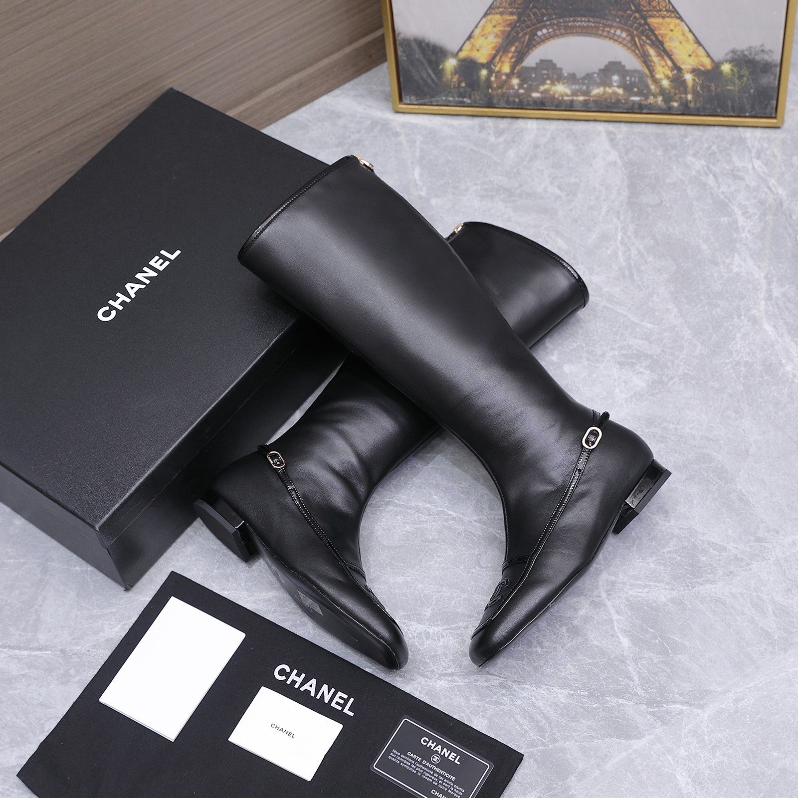 CHANEL 26S KNEE HIGH BOOTS IN BLACK CALFSKIN WITH PATENT LEATHER TRIM AND CC LOGO ON TOE CAP