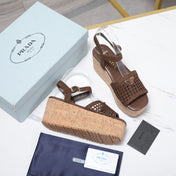 PRADA 26S WEDGE SANDALS IN DARK BROWN CROCHET AND LEATHER