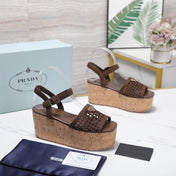 PRADA 26S WEDGE SANDALS IN DARK BROWN CROCHET AND LEATHER