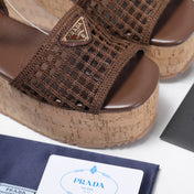 PRADA 26S WEDGE SANDALS IN DARK BROWN CROCHET AND LEATHER