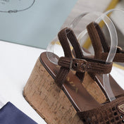 PRADA 26S WEDGE SANDALS IN DARK BROWN CROCHET AND LEATHER