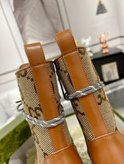 GG LACE-UP SHORT BOOTS IN CINNAMON BROWN CANVAS MIX CALFSKIN