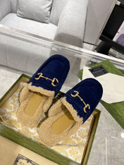 HORSEBIT MULE IN ROYAL BLUE SUEDE AND FLEECE LINING