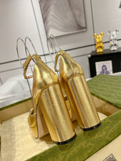 HIGH SANDAL SQUARE HEEL 12 CM IN GOLD CALFSKIN