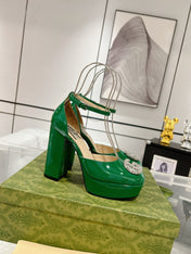 GG CRYSTALS PLATFORM PUMPS JADE GREEN CALFSKIN