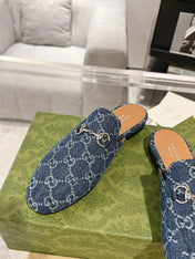 MEN'S MULE WITH HORSEBIT IN DENIM BLUE MONOGRAM JACQUARD FABRIC