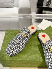 MEN'S MULE WITH HORSEBIT IN BLACK MIX WHITE MONOGRAM JACQUARD FABRIC
