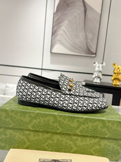 MEN'S LOAFER WITH HORSEBIT IN BLACK MIX WHITE MONOGRAM JACQUARD FABRIC
