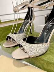 GG CRYSTAL CREAM HIGH HEEL SANDALS SATIN