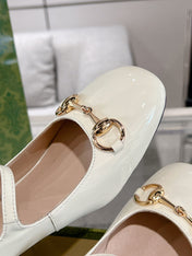 HORSEBIT MARY JANE HEEL IN WHITE CALFSKIN GOLD HARDWARE