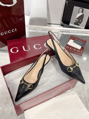 GG MID-HIGH SLINGBACK 4.5 CM IN BLACK GLOSSY EMBOSSED SUEDE AND SHEEPSKIN LINING