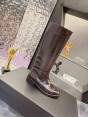 CHANEL 26S KNEE HIGH BOOTS 25 MM IN DARK BROWN PATENT LEATHER
