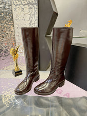 CHANEL 26S KNEE HIGH BOOTS 25 MM IN DARK BROWN PATENT LEATHER