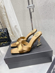 OPYUM HIGH MULES 85 MM IN METALLIC GOLD SATIN CREPE