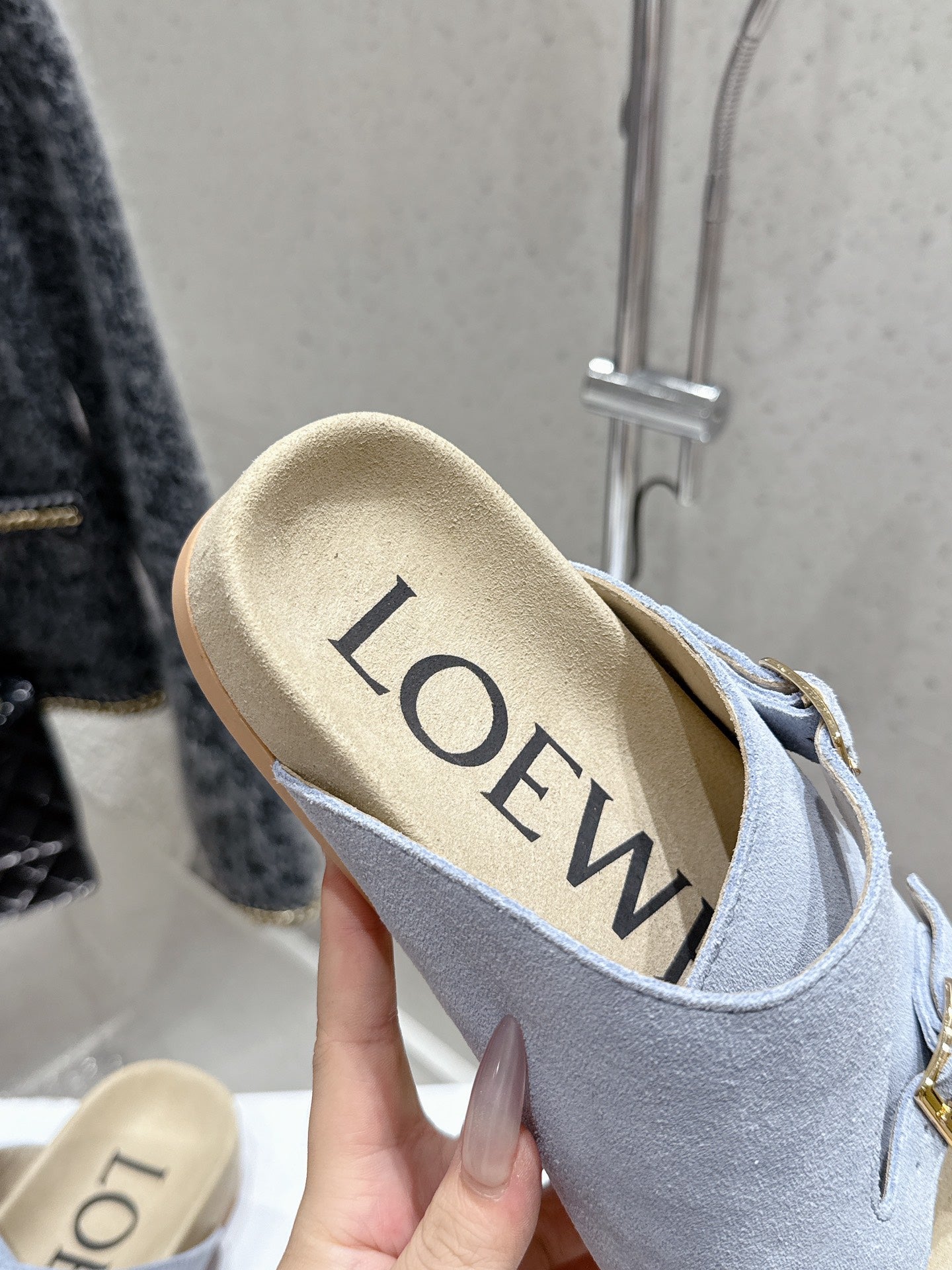 LOEWE 26S EASE SLIDE IN PASTEL BLUE SUEDE