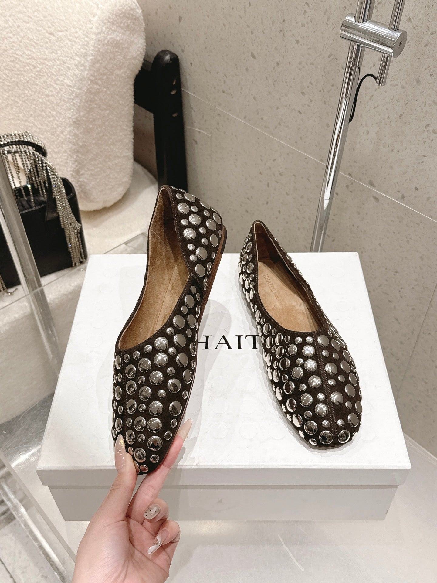 CELINE 26S FLAT SHOES IN DARK BROWN SUEDE WITH METAL STUDS