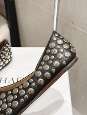 CELINE 26S FLAT SHOES IN BLACK CALFSKIN WITH METAL STUDS