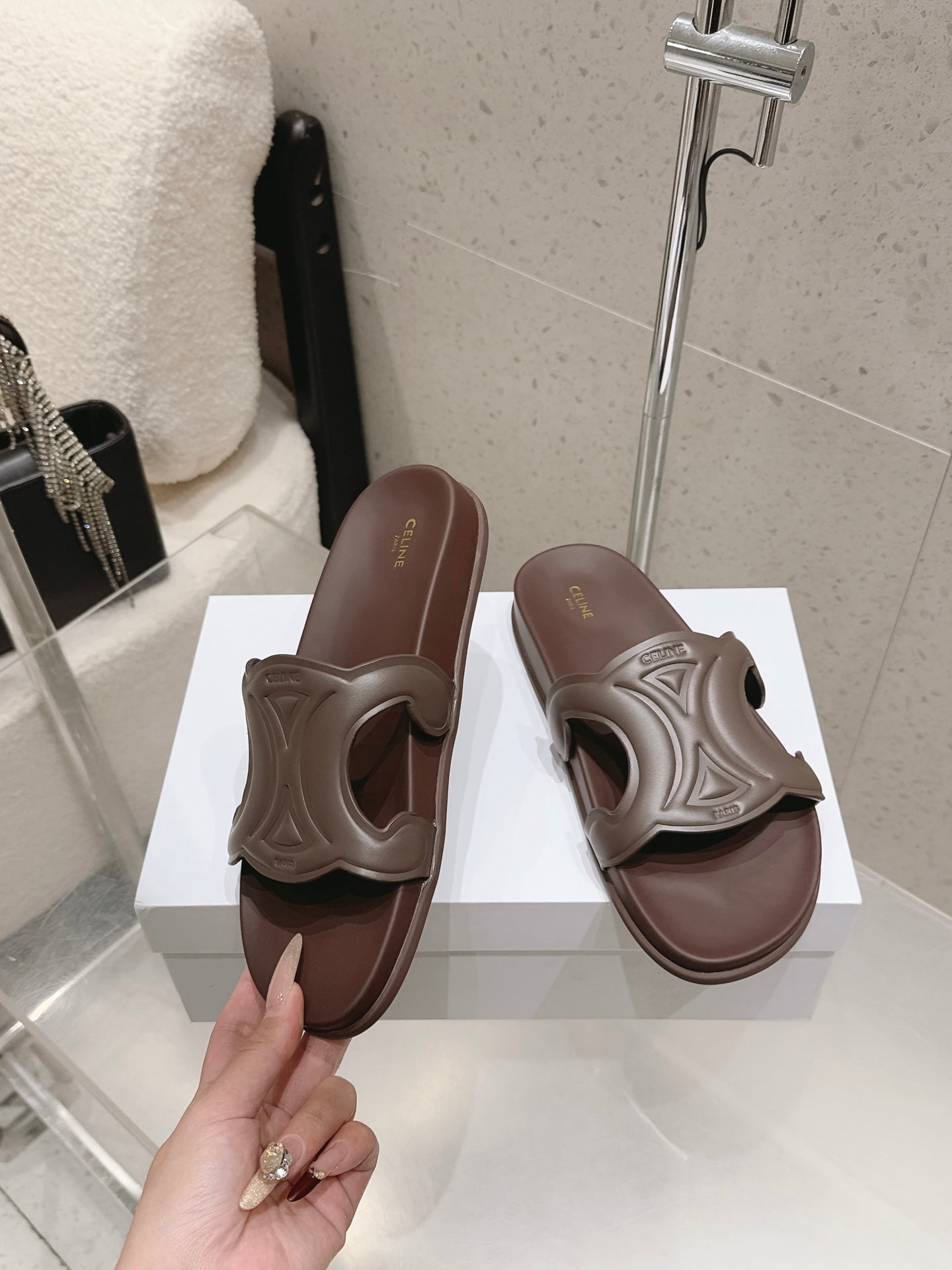 CELINE 26S TRIOMPHE SLIDES IN DARK BROWN CALFSKIN