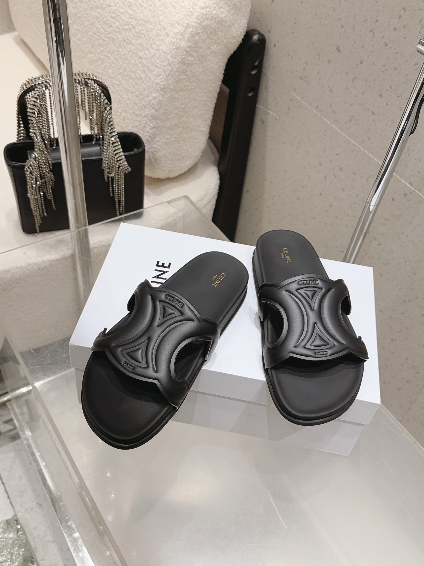 CELINE 26S TRIOMPHE SLIDES IN BLACK CALFSKIN