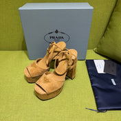 PRADA 25S HIGH-HEEL SANDALS 140 MM IN CARAMEL BROWN SUEDE STYLE 2