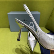 PRADA 25S SLINGBACK HIGH HEELS 75 MM IN SILVER SHEEPSKIN