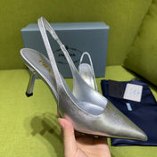 PRADA 25S SLINGBACK HIGH HEELS 75 MM IN SILVER SHEEPSKIN