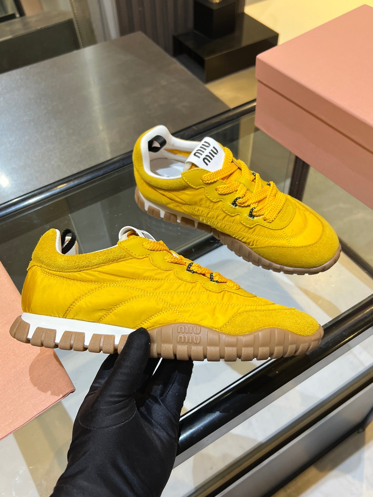 MIUMIU 26S SNEAKERS IN YELLOW FABRIC AND SUEDE