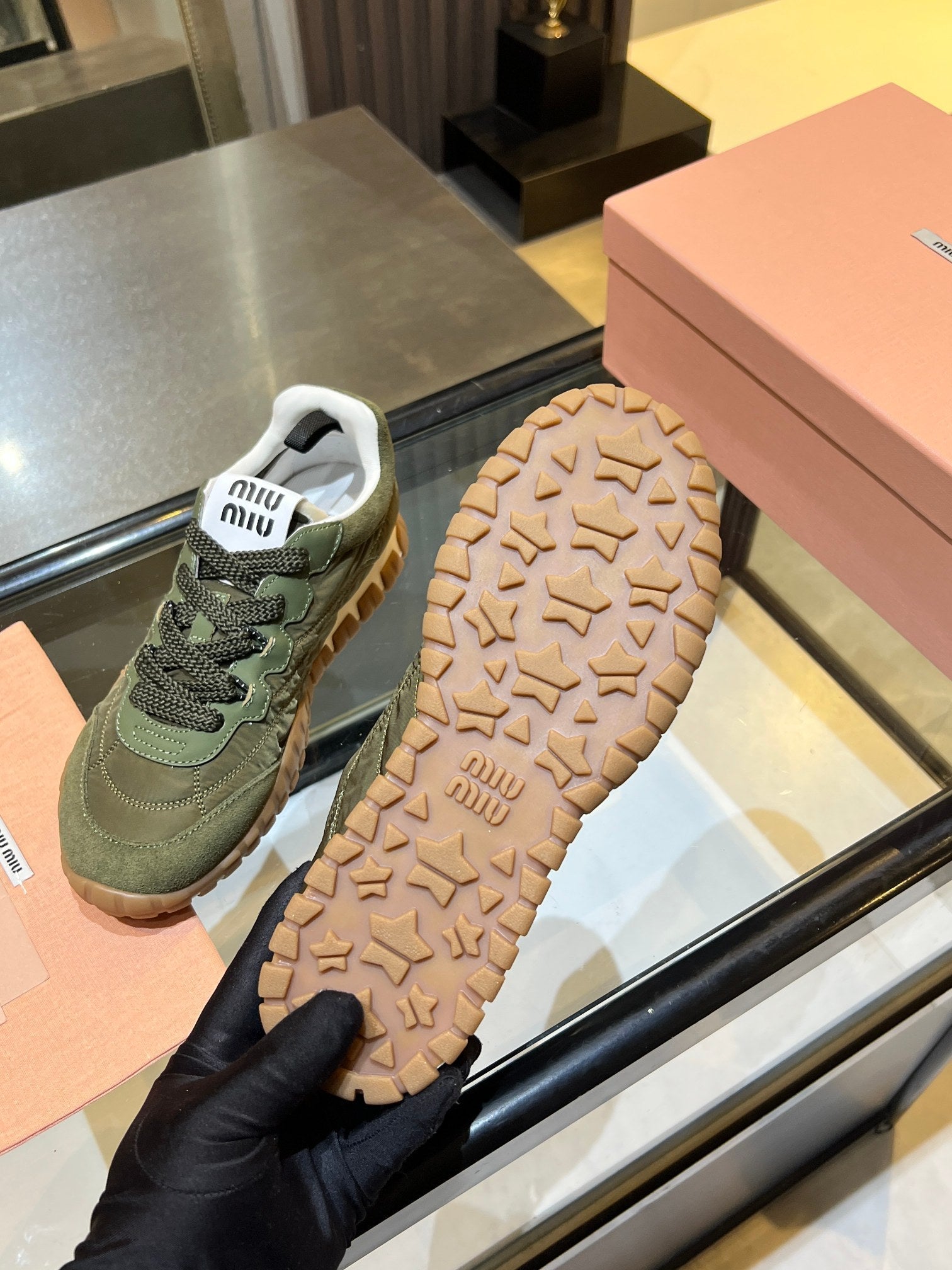 MIUMIU 26S SNEAKERS IN ARMY OLIVE FABRIC AND SUEDE