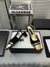 slingback black suede gold metalic lambskin square toe 5.0