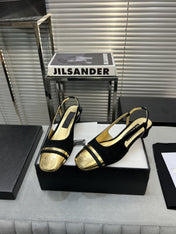 slingback black suede gold metalic lambskin square toe 5.0