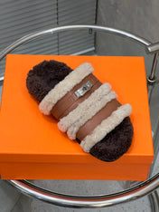 HM 25S SANDAL IN BEIGE WOOL AND BROWN LAMBSKIN WITH SILVER HARDWARE
