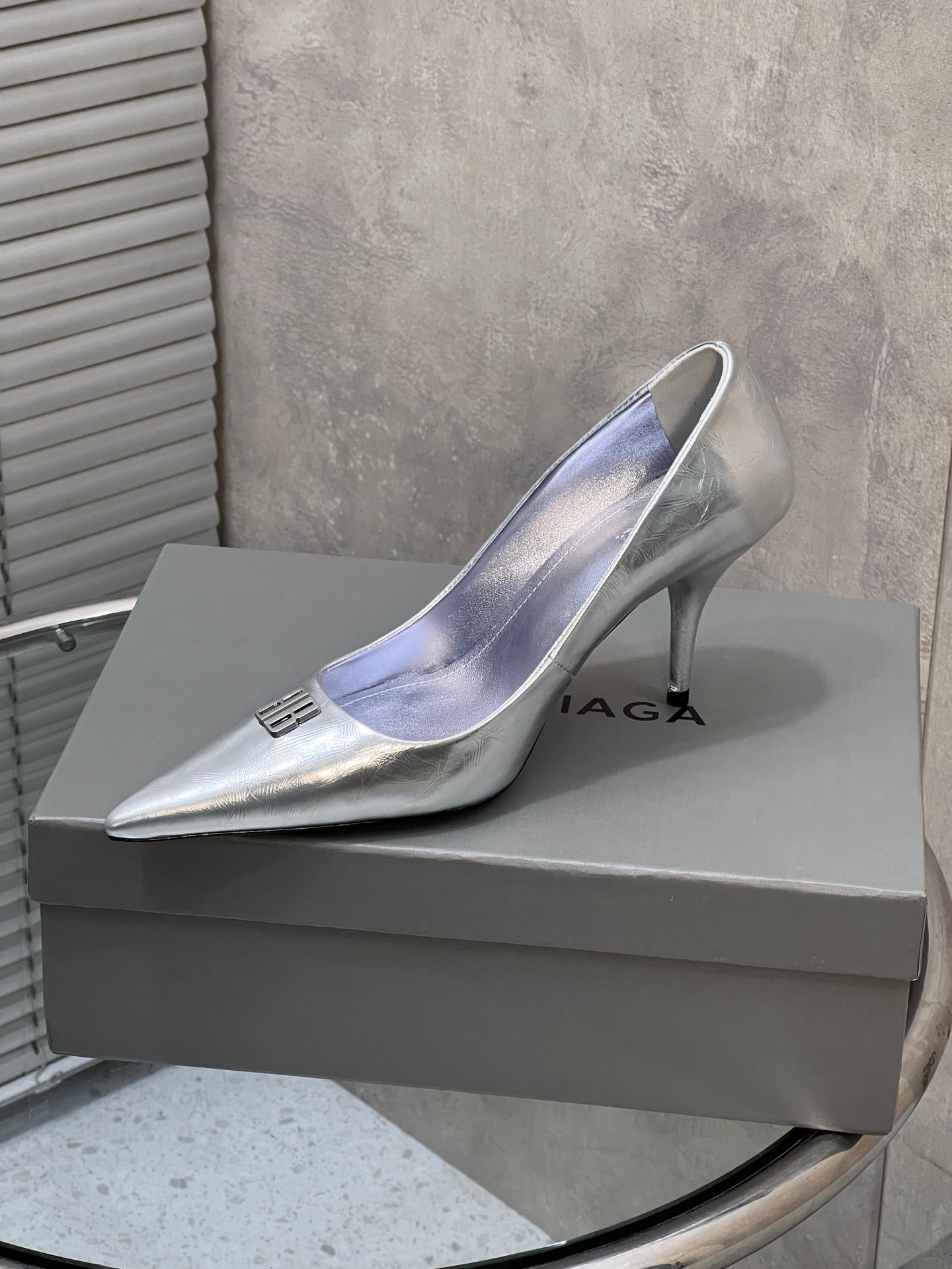 BALENCIAGA 25S HIGH-HEEL SHOES 85 MM IN SILVER COW LEATHER