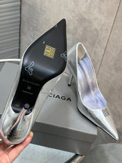 BALENCIAGA 25S HIGH-HEEL SHOES 85 MM IN SILVER COW LEATHER