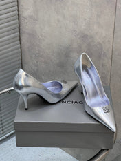 BALENCIAGA 25S HIGH-HEEL SHOES 85 MM IN SILVER COW LEATHER
