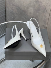 BALENCIAGA 25S HIGH-HEEL SLINGBACK 85 MM IN WHITE COW LEATHER WITH GOLD HARDWARE