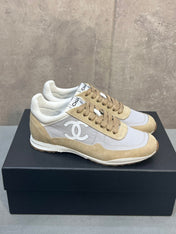 CHANEL 26S RUNNING SNEAKERS IN BEIGE AND GREY MATERIAL CC LOGO