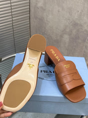 PRADA 26S BLOCK HEEL SLIDE SANDALS 60MM IN CARAMEL BROWN CALFSKIN WITH LOGO