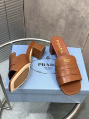 PRADA 26S BLOCK HEEL SLIDE SANDALS 60MM IN CARAMEL BROWN CALFSKIN WITH LOGO