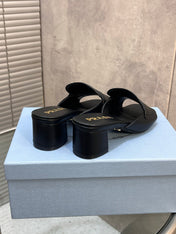 PRADA 26S BLOCK HEEL SLIDE SANDALS 60MM IN BLACK CALFSKIN WITH LOGO