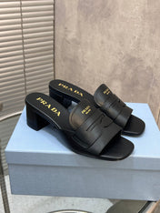 PRADA 26S BLOCK HEEL SLIDE SANDALS 60MM IN BLACK CALFSKIN WITH LOGO