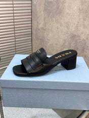PRADA 26S BLOCK HEEL SLIDE SANDALS 60MM IN BLACK CALFSKIN WITH LOGO