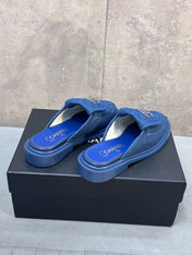 CHANEL 26S MULE LOAFERS IN BLUE DENIM WITH QUILTED FLAP & CHAIN CC LOGO