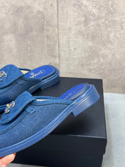 CHANEL 26S MULE LOAFERS IN BLUE DENIM WITH QUILTED FLAP & CHAIN CC LOGO