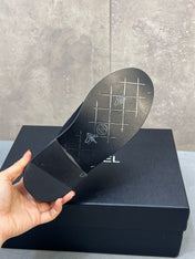 CHANEL 26S MULE LOAFERS IN BLACK CANVAS WITH QUILTED FLAP & CHAIN CC LOGO